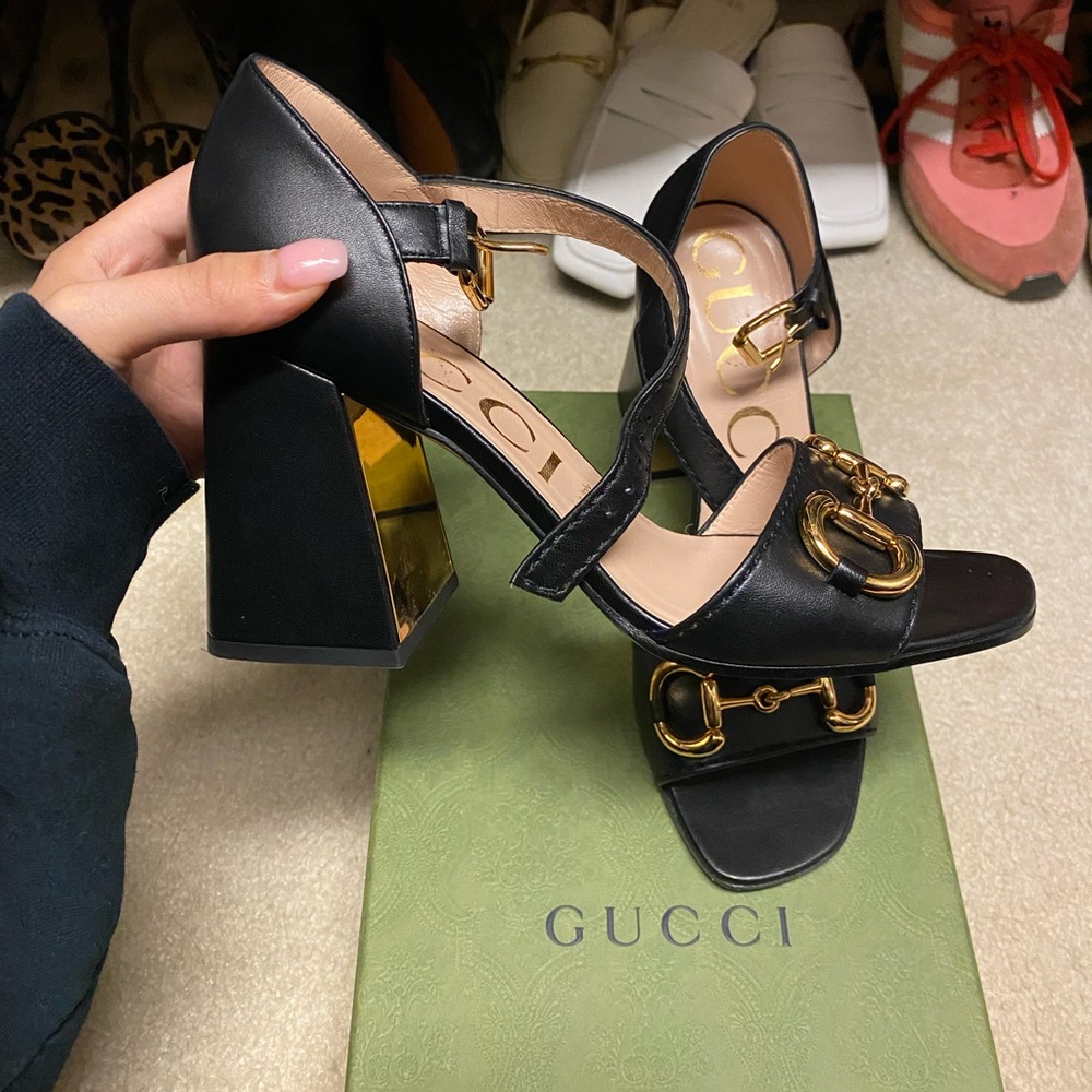 GUCCI Block Heel with Gold buckle strap